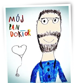 Dziecięcy rysunek z napisem „Mój pan doktor”