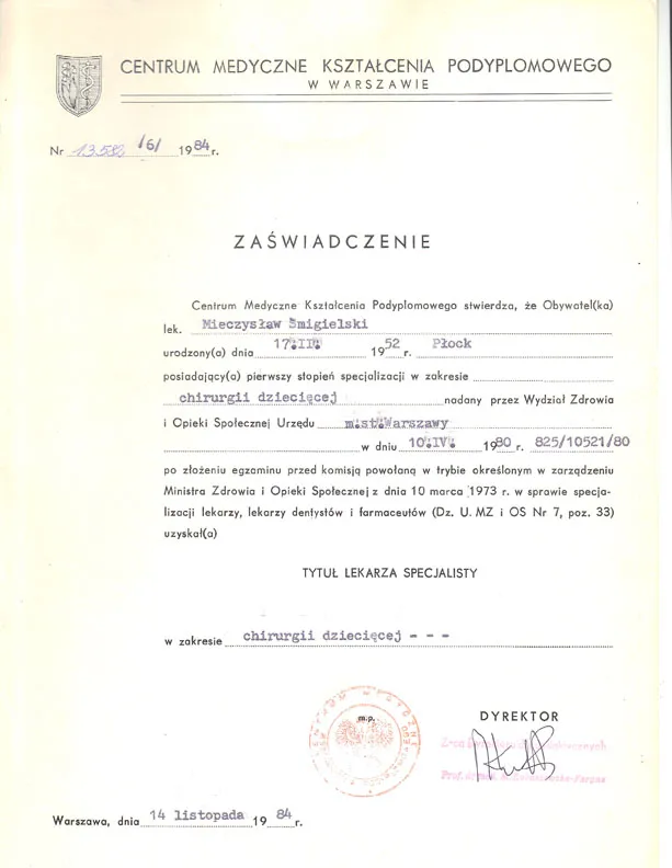 Dyplom specjalizacji z chirurgii dziecięcej Mieczysława Śmigielskiego