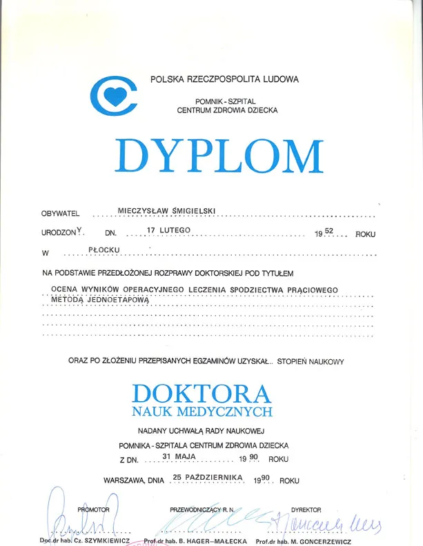 Dyplom doktora nauk medycznych Mieczysława Śmigielskiego
