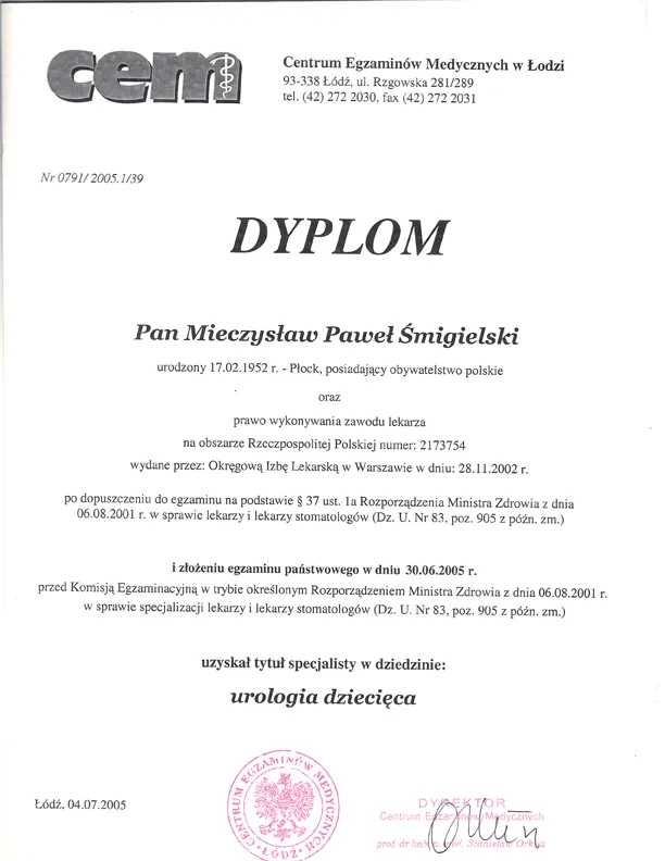 Dyplom specjalizacji z urologii dziecięcej Mieczysława Śmigielskiego